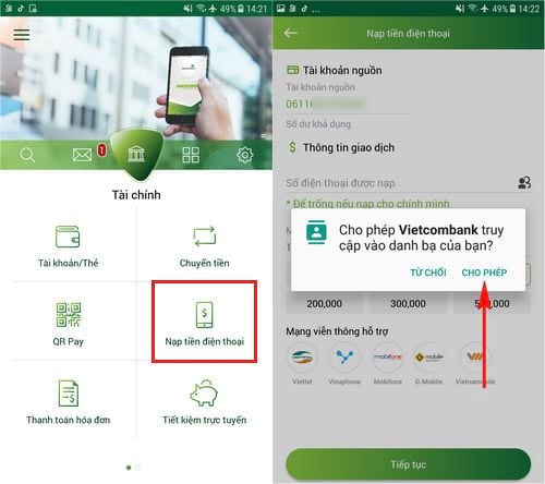 Nạp tiền điện thoại qua Vietcombank online