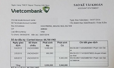 Sao kê tài khoản ngân hàng Vietcombank